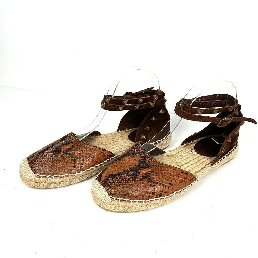 ASH Spain Rockstud Leather Suede Flat Espadrilles Brown Piton Print 37 US 6,5